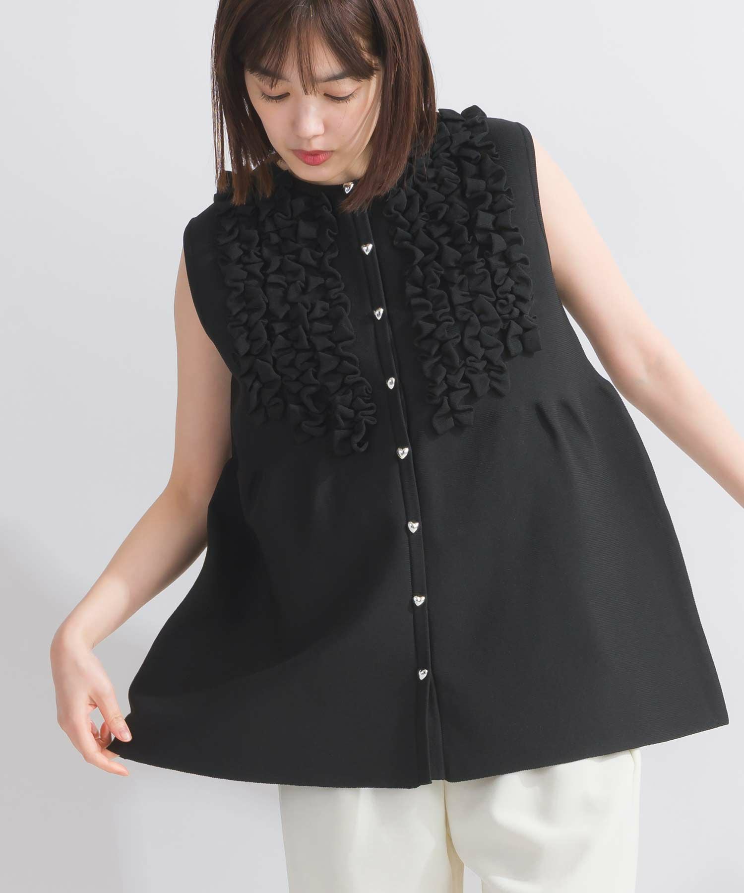 T295/MARNI ペプラムフリルノースリーブブラウス 黒染め ツイル 38 KOBE LETTUCE（神戸レタス） トップス ブラウス 白 黒 ノースリーブ 夏