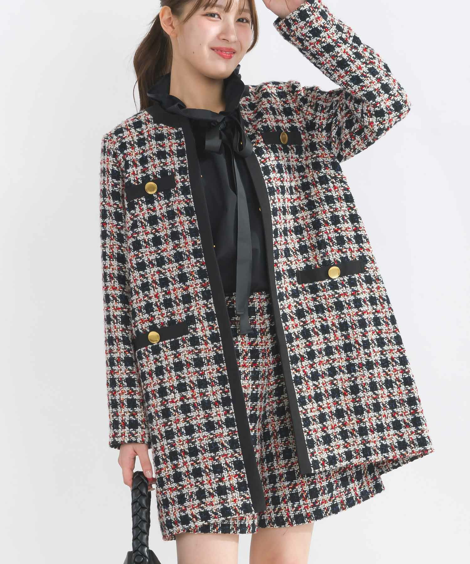セットアップ可能】ポケット付きチェックツイードコート | PICCIN