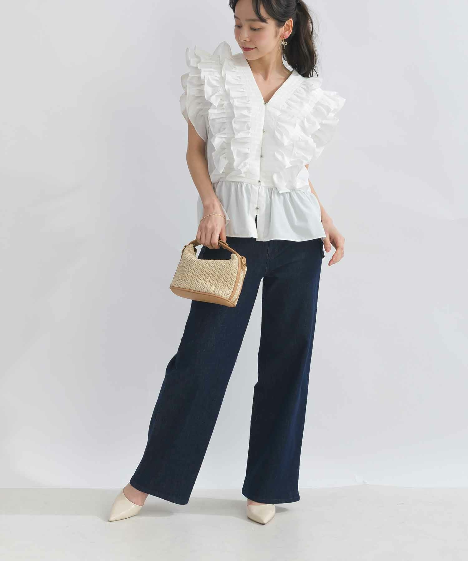 新品タグ付　PICCIN PERLA ラッフルフリルブラウス ホワイト PICCIN PERLA ブラウス シャツ 裾フリルパフスリーブブラウス