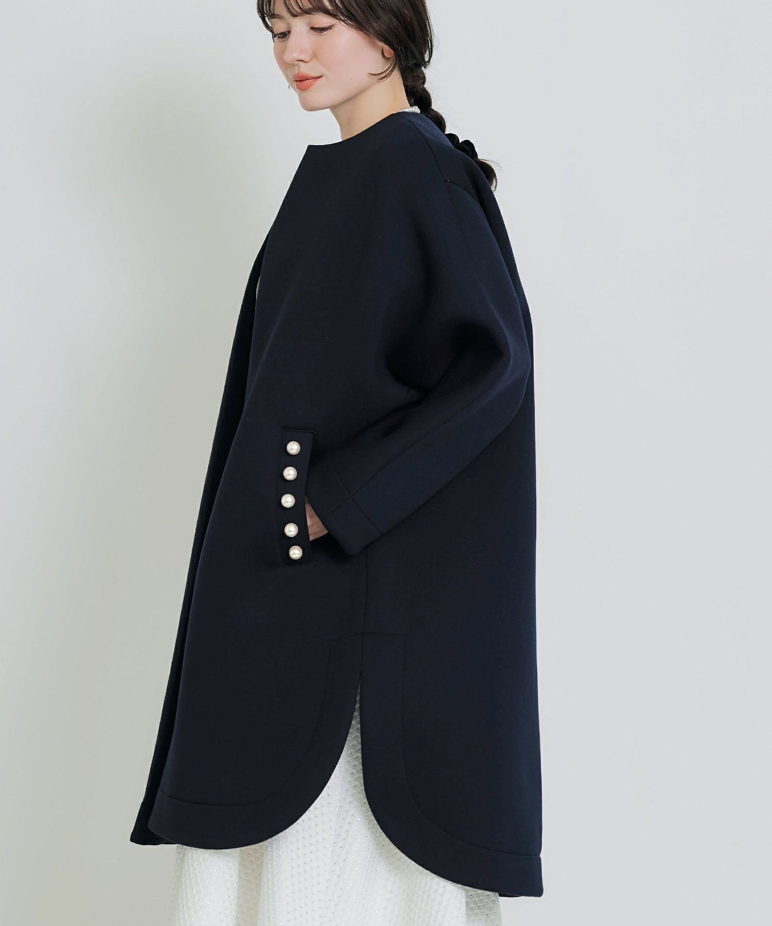 PICCIN ノーカラー ロングコート パール ポケット ホワイト フォーマル PICCIN PERLA ノーカラーコート コート パールポケットコート