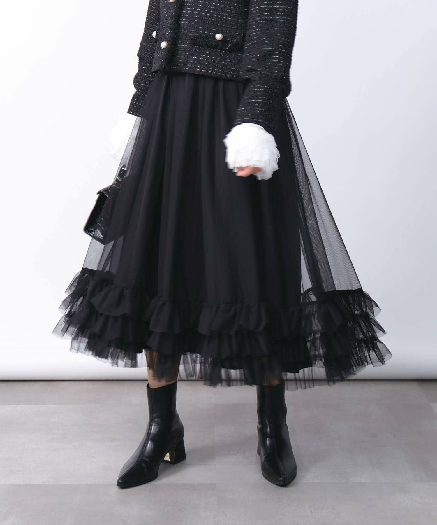 ボリュームフリルチュールスカート ブラック 黒 レイヤードボリュームフリルチュールスカート ／ layered volume frill
