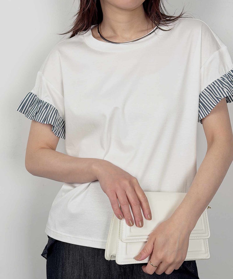 model：H164　着用サイズ：M　ホワイト系その他（袖口ストライプ）