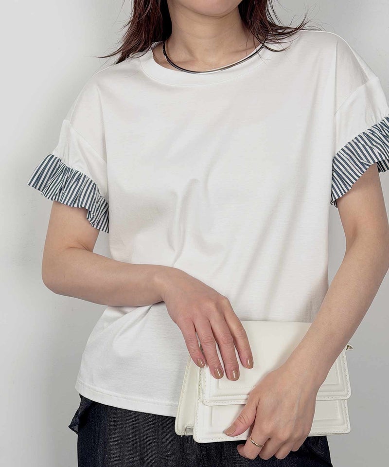 model：H164　着用サイズ：M　ホワイト系その他（袖口ストライプ）